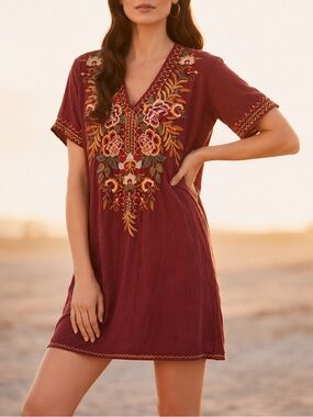 Johnny Was XL Embroidered Ramie Mini Dress Boho Floral V-Neck Tunic Burgundy